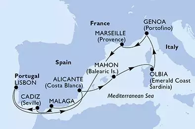 MSC MUSICA - trasa 10 nocy podróż z: Alicante Spain w dniu 23/04/2025 - Alicante,Mahon,Olbia,Genoa,Marseille,Malaga,Cadiz,Lisbon,Alicante