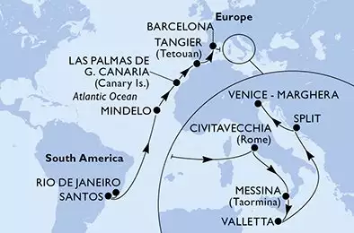 MSC ARMONIA - trasa 22 nocy podróż z: Rio de Janeiro Brazil w dniu 14/03/2026 - Rio de Janeiro,Santos,Mindelo,Las Palmas de G.Canaria,Tangier,Barcelona,Civitavecchia,Messina,Valletta,Split,Venice-Marghera