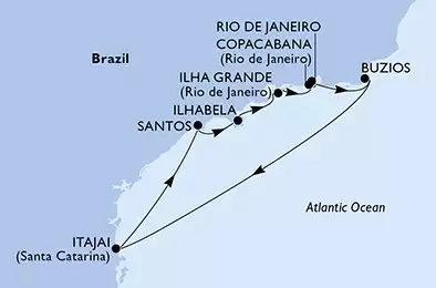 MSC LIRICA - trasa 7 nocy podróż z: Itajai (Balneario Camboriu) Brazil w dniu 28/12/2025 - Itajai,Santos,Ilhabela,Ilha Grande,Copacabana,Rio de Janeiro,Buzios,Itajai