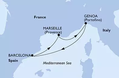 MSC SPLENDIDA - trasa 4 nocy podróż z: Barcelona Spanien w dniu 23/10/2025 - Spain,France,Italy