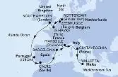 Rotterdam,Zeebrugge,Le Havre,Southampton,Lisbon,Cadiz,Barcelona,Marseille,Civitavecchia,Valletta