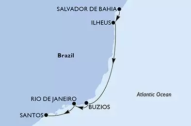 MSC PREZIOSA - trasa 5 nocy podróż z: Salvador Brazil w dniu 21/10/2025 - Salvador,Ilheus,Buzios,Rio de Janeiro,Santos