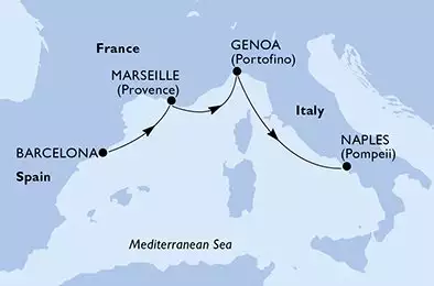 MSC SPLENDIDA - trasa 3 nocy podróż z: Barcelona Spanien w dniu 07/02/2026 - Barcelona,Marseille,Genoa,Naples