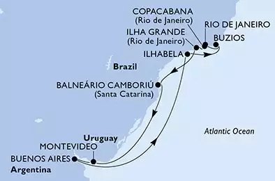 MSC FANTASIA - trasa 10 nocy podróż z: Buenos Aires Argentina w dniu 26/12/2025 - Buenos Aires,Ilhabela,Buzios,Rio de Janeiro,Copacabana,Ilha Grande,Balneario Camboriu,Montevideo,Buenos Aires