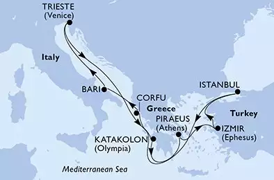 MSC FANTASIA - trasa 9 nocy podróż z: Trieste w dniu 24/09/2026 - Trieste,Katakolon,Piraeus,Izmir,Istanbul,Corfu,Bari,Trieste