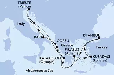 MSC FANTASIA - trasa 9 nocy podróż z: Bari Italy w dniu 05/09/2026 - Bari,Trieste,Katakolon,Piraeus,Kusadasi,Istanbul,Corfu,Bari