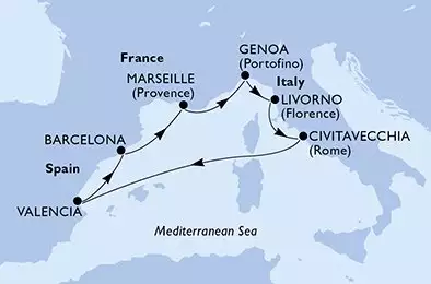 MSC ORCHESTRA  - trasa 7 nocy podróż z: Barcelone Espagne w dniu 23/11/2025 - Barcelona,Marseille,Genoa,Livorno,Civitavecchia,Valencia,Barcelona