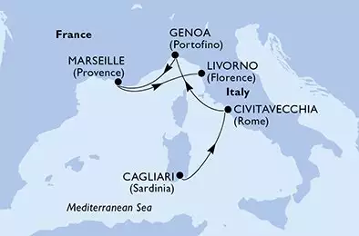 MSC ORCHESTRA  - trasa 4 nocy podróż z: Cagliari (Sardinia) Italy w dniu 09/11/2025 - Cagliari,Civitavecchia,Genoa,Marseille,Livorno