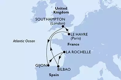 MSC VIRTUOSA - trasa 7 nocy podróż z: Southampton United Kingdom w dniu 30/05/2026 - United Kingdom,Spain,France