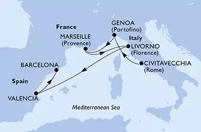 MSC ORCHESTRA  - trasa 6 nocy podróż z: Civitavecchia (Rome) Italy w dniu 10/11/2025 - Civitavecchia,Genoa,Marseille,Livorno,Valencia,Barcelona