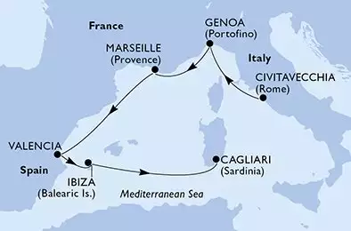 MSC MUSICA - trasa 6 nocy podróż z: Civitavecchia Italie w dniu 05/10/2026 - Italy,France,Spain