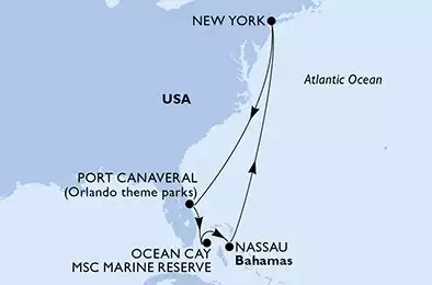 MSC MERAVIGLIA - trasa 7 nocy podróż z: New York United States w dniu 14/02/2027 - New York,Port Canaveral,Ocean Cay,Nassau,New York