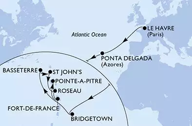 MSC VIRTUOSA - trasa 16 nocy podróż z: Le Havre (Paris) France w dniu 21/11/2025 - France,Portugal,Barbados,Saint Kitts and Nevis,Antigua and Barbuda,Dominica,Martinique,Guadeloupe