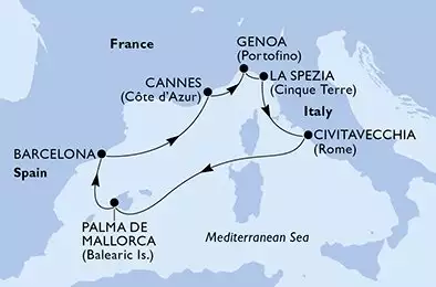 MSC GRANDIOSA - trasa 7 nocy podróż z: Cannes (Côte d Azur) France w dniu 07/06/2026 - Cannes,Genoa,La Spezia,Civitavecchia,Palma de Mallorca,Barcelona,Cannes
