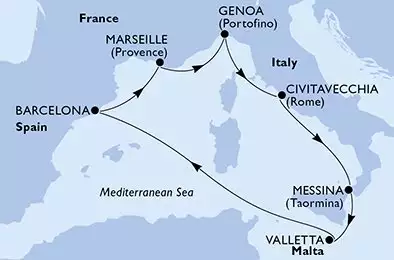 MSC WORLD ASIA - trasa 7 nocy podróż z: Genua (Portofino) Italien w dniu 04/04/2027 - Genoa,Civitavecchia,Messina,Valletta,Barcelona,Marseille,Genoa