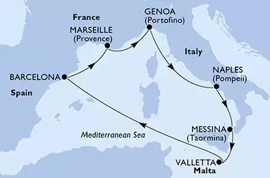 MSC WORLD ASIA - trasa 7 nocy podróż z: Messina (Taormina) Italy w dniu 18/05/2027 - Messina,Valletta,Barcelona,Marseille,Genoa,Naples,Messina