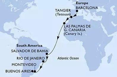 MSC FANTASIA - trasa 16 nocy podróż z: Barcelone Espagne w dniu 08/11/2025 - Spain,Morocco,Brazil,Uruguay,Argentina