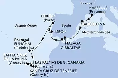 MSC MUSICA - trasa 13 nocy podróż z: Marsiglia (Provenza) Francia w dniu 03/11/2025 - France,Spain,Gibraltar,Portugal