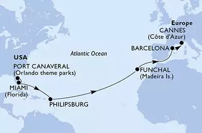 MSC GRANDIOSA - trasa 15 nocy podróż z: PortCanaveral United States w dniu 18/04/2026 - United States,Netherlands Antilles,Portugal,Spain,France