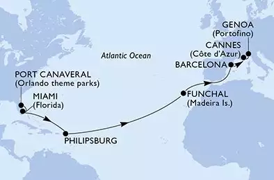 MSC GRANDIOSA - trasa 16 nocy podróż z: PortCanaveral United States w dniu 18/04/2026 - United States,Netherlands Antilles,Portugal,Spain,France,Italy