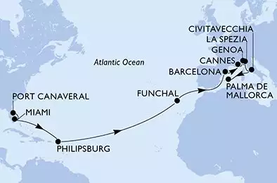 MSC GRANDIOSA - trasa 20 nocy podróż z: PortCanaveral United States w dniu 18/04/2026 - United States,Netherlands Antilles,Portugal,Spain,France,Italy