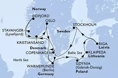 MSC MAGNIFICA - trasa 14 nocy podróż z: WarnemündeGermany w dniu 16/08/2026 - Germany,Poland,Lithuania,Latvia,Sweden,Denmark,Norway