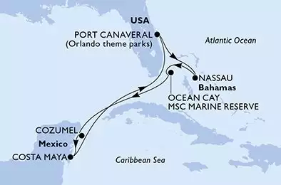 MSC GRANDIOSA - trasa 7 nocy podróż z: PortCanaveral United States w dniu 09/01/2027 - Port Canaveral,Nassau,Ocean Cay,Cozumel,Costa Maya,Port Canaveral