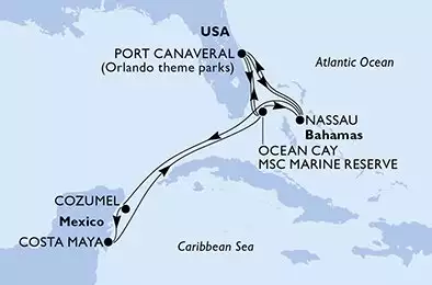 MSC SEASHORE - trasa 11 nocy podróż z: PortCanaveral United States w dniu 23/08/2026 - Port Canaveral,Nassau,Cozumel,Costa Maya,Ocean Cay,Port Canaveral,Ocean Cay,Ocean Cay,Nassau,Port Canaveral