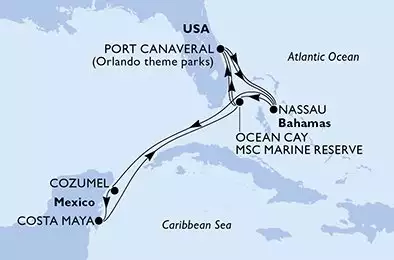 MSC SEASHORE - trasa 10 nocy podróż z: PortCanaveral United States w dniu 15/10/2026 - Port Canaveral,Nassau,Ocean Cay,Port Canaveral,Nassau,Cozumel,Costa Maya,Ocean Cay,Port Canaveral