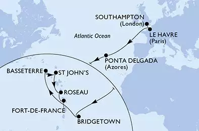 MSC VIRTUOSA - trasa 16 nocy podróż z: Southampton United Kingdom w dniu 20/11/2025 - Southampton,Le Havre,Ponta Delgada,Bridgetown,Basseterre,St John s,Roseau,Fort de France