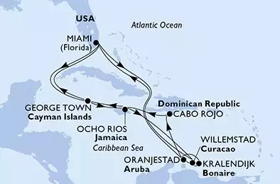 MSC POESIA - trasa 20 nocy podróż z: Miami United States w dniu 03/12/2026 - Miami,Willemstad,Oranjestad,Cabo Rojo,Ocho Rios,George Town,Miami,George Town,Ocho Rios,Willemstad,Kralendijk,Oranjestad,Miami