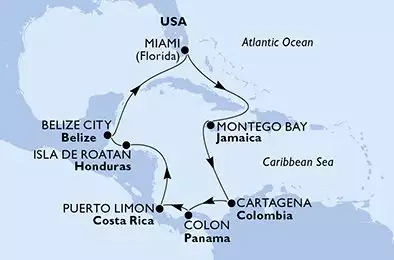 MSC POESIA - trasa 11 nocy podróż z: Miami United States w dniu 24/01/2027 - Miami,Montego Bay,Cartagena,Colon,Puerto Limon,Isla de Roatan,Belize City,Miami