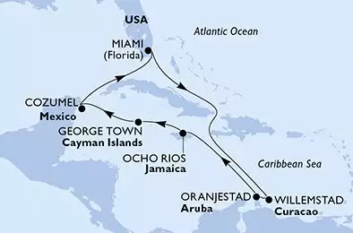 MSC POESIA - trasa 10 nocy podróż z: Miami United States w dniu 14/01/2027 - Miami,Willemstad,Oranjestad,Ocho Rios,George Town,Cozumel,Miami