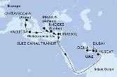 Civitavecchia,Valletta,Piraeus,Rhodes,Limassol,Suez Canal North,Suez Canal South,Muscat,Doha,Dubai,Dubai
