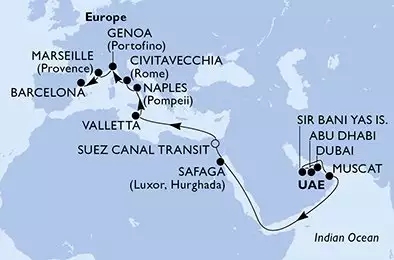 MSC WORLD EUROPA - trasa 21 nocy podróż z: Dubai U. Arab Emirates w dniu 03/04/2027 - Dubai,Abu Dhabi,Sir Bani Yas,Muscat,Safaga,Suez Canal South,Suez Canal North,Valletta,Naples,Civitavecchia,Genoa,Marseille,Barcelona