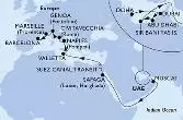 Doha,Dubai,Dubai,Dubai,Abu Dhabi,Sir Bani Yas,Muscat,Safaga,Suez Canal South,Suez Canal North,Valletta,Naples,Civitavecchia,Genoa,Marseille,Barcelona