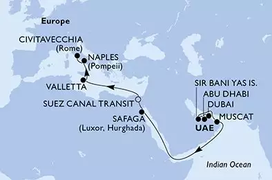 MSC WORLD EUROPA - trasa 18 nocy podróż z: Dubai U. Arab Emirates w dniu 03/04/2027 - Dubai,Dubai,Abu Dhabi,Sir Bani Yas,Muscat,Safaga,Suez Canal South,Suez Canal North,Valletta,Naples,Civitavecchia