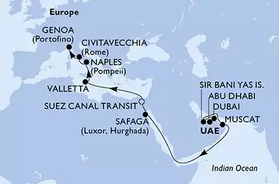 MSC WORLD EUROPA - trasa 19 nocy podróż z: Dubai U. Arab Emirates w dniu 03/04/2027 - Dubai,Dubai,Abu Dhabi,Sir Bani Yas,Muscat,Safaga,Suez Canal South,Suez Canal North,Valletta,Naples,Civitavecchia,Genoa