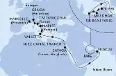 Dubai,Dubai,Abu Dhabi,Sir Bani Yas,Muscat,Safaga,Suez Canal South,Suez Canal North,Valletta,Naples,Civitavecchia,Genoa,Marseille
