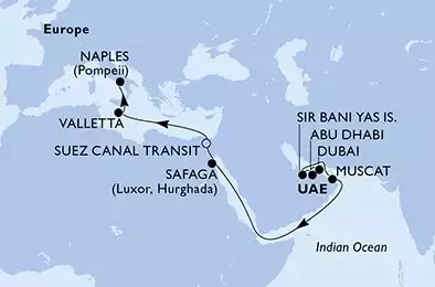 MSC WORLD EUROPA - trasa 17 nocy podróż z: Dubai U. Arab Emirates w dniu 03/04/2027 - Dubai,Dubai,Abu Dhabi,Sir Bani Yas,Muscat,Safaga,Suez Canal South,Suez Canal North,Valletta,Naples