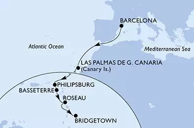 MSC SEAVIEW - trasa 14 nocy podróż z: Barcelone Espagne w dniu 18/11/2026 - Barcelona,Las Palmas de G.Canaria,Philipsburg,Basseterre,Roseau,Bridgetown
