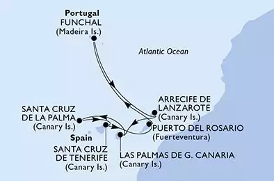 MSC FANTASIA - trasa 7 nocy podróż z: Las Palmas de G.Canaria (Canary Is.) Spain w dniu 15/01/2027 - Las Palmas de G.Canaria,Santa Cruz de La Palma,Santa Cruz de Tenerife,Puerto del Rosario,Funchal,Arrecife de Lanzarote,Las Palmas de G.Canaria
