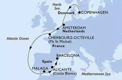 MSC EURIBIA - trasa 9 nocy podróż z: Copenhagen Denmark w dniu 11/10/2026 - Copenhagen,Amsterdam,Cherbourg,Malaga,Alicante,Barcelona