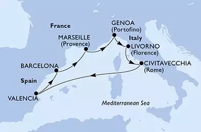MSC ORCHESTRA  - trasa 7 nocy podróż z: Barcelona Spania w dniu 14/03/2027 - Barcelona,Marseille,Genoa,Livorno,Civitavecchia,Valencia,Barcelona