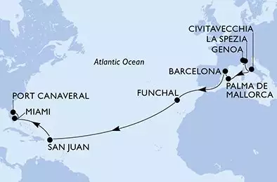 MSC GRANDIOSA - trasa 19 nocy podróż z: Gênova (Portofino) Itália w dniu 26/10/2026 - Genoa,La Spezia,Civitavecchia,Palma de Mallorca,Barcelona,Funchal,San Juan,Miami,Port Canaveral