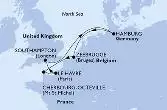 Southampton,Hamburg,Zeebrugge,Cherbourg,Le Havre,Southampton