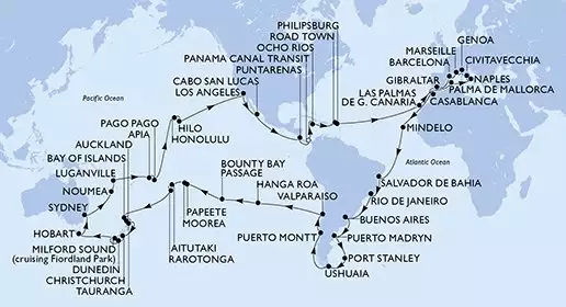 MSC MAGNIFICA - trasa 121 nocy podróż z: Gênova (Portofino) Itália w dniu 05/01/2027 - Genoa,Marseille,Barcelona,Gibraltar,Casablanca,Mindelo,Salvador,Rio de Janeiro,Rio de Janeiro,Buenos Aires,Buenos Aires,Puerto Madryn,Port Stanley,Ushuaia,Ushuaia,Puerto Montt,Valparaiso,Valparaiso,Hanga Roa,Bounty Bay Passage,Papeete,Papeete,Moorea,Aitutaki,Rarotonga,Bay of Islands,Auckland,Tauranga,Christchurch,Dunedin,Cruising Milford Sound,Hobart,Hobart,Sydney,Sydney,Noumea,Luganville,Apia,Pago Pago,Honolulu,Hilo,Los Angeles,Cabo San Lucas,Puntarenas,BLB-Panam Canal,CTB-Panama Canal,Ocho Rios,Road Town,Philipsburg,Las Palmas de G.Canaria,Palma de Mallorca,Naples,Civitavecchia,Genoa