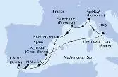 Genoa,Marseille,Barcelona,Cadiz,Malaga,Alicante,Civitavecchia,Genoa