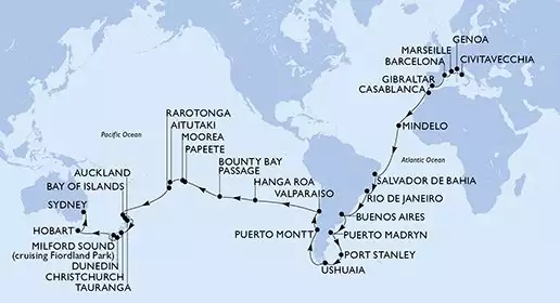 MSC MAGNIFICA - trasa 71 nocy podróż z: Civitavecchia (Rome) Italy w dniu 04/01/2027 - Civitavecchia,Genoa,Marseille,Barcelona,Gibraltar,Casablanca,Mindelo,Salvador,Rio de Janeiro,Rio de Janeiro,Buenos Aires,Buenos Aires,Puerto Madryn,Port Stanley,Ushuaia,Ushuaia,Puerto Montt,Valparaiso,Valparaiso,Hanga Roa,Bounty Bay Passage,Papeete,Papeete,Moorea,Aitutaki,Rarotonga,Bay of Islands,Auckland,Tauranga,Christchurch,Dunedin,Cruising Milford Sound,Hobart,Hobart,Sydney,Sydney
