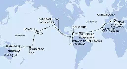 MSC MAGNIFICA - trasa 50 nocy podróż z: Sydney Australia w dniu 16/03/2027 - Sydney,Noumea,Luganville,Apia,Pago Pago,Honolulu,Hilo,Los Angeles,Cabo San Lucas,Puntarenas,BLB-Panam Canal,CTB-Panama Canal,Ocho Rios,Road Town,Philipsburg,Las Palmas de G.Canaria,Palma de Mallorca,Naples,Civitavecchia